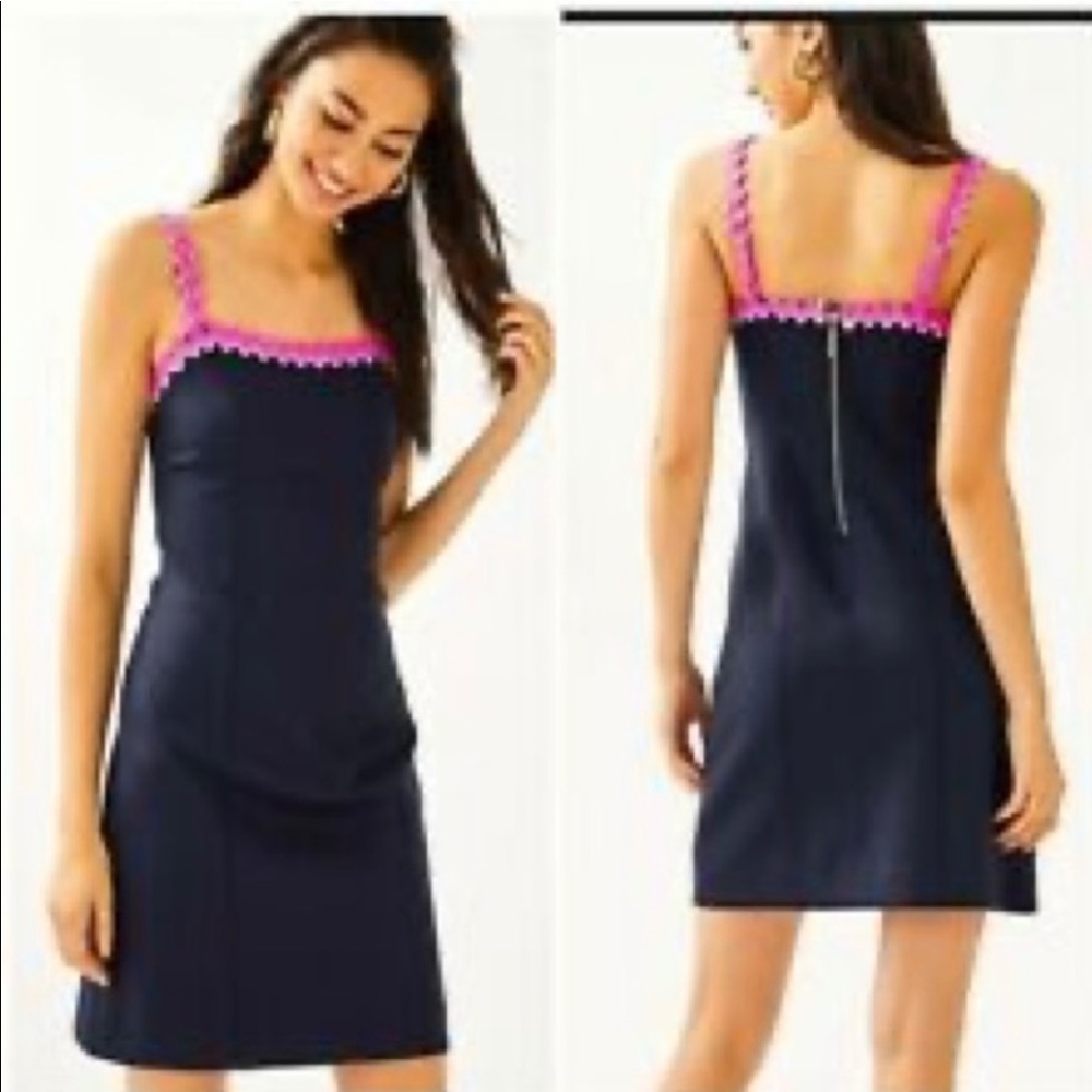 NWT LILLY PULITZER SHELLBEE DRESS. Navy w/LILLY PINK color zig zag straps Sz XL